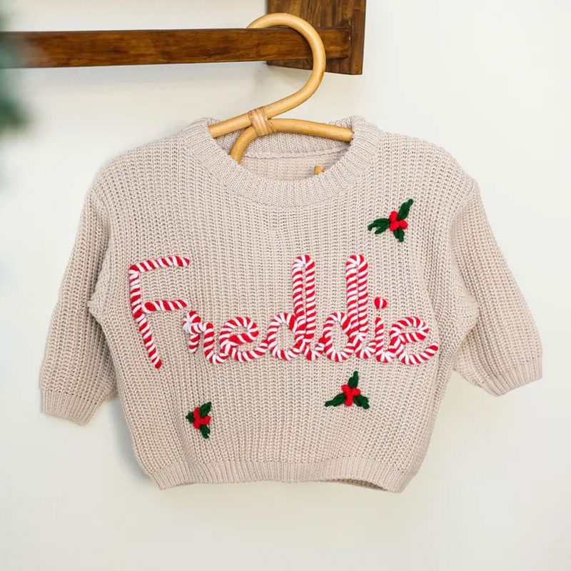 Hand Embroidered Christmas Sweater with Baby Name