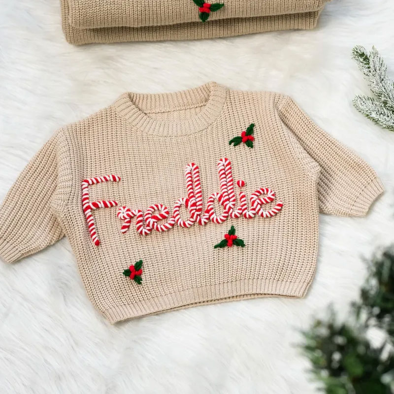 Hand Embroidered Christmas Sweater with Baby Name