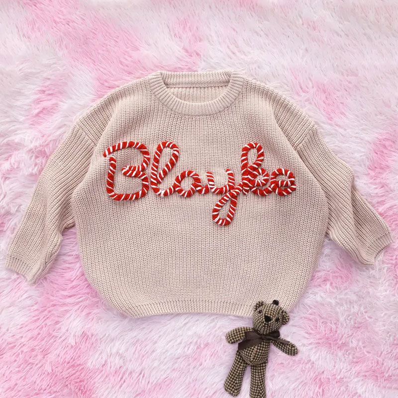 Hand Embroidered Christmas Sweater with Baby Name
