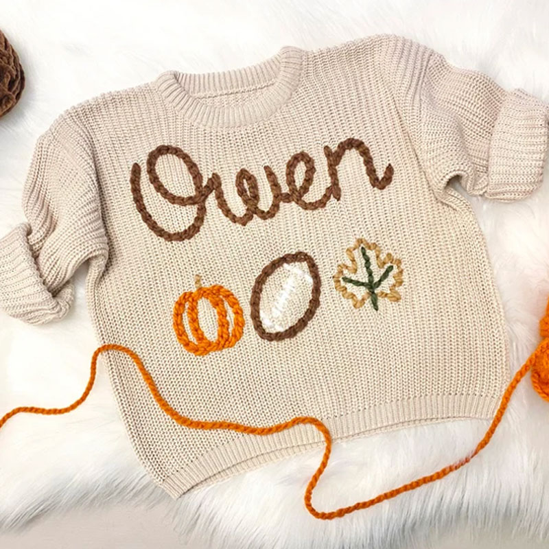 Hand Embroidered Fall Baby Name Sweater Candy Corn