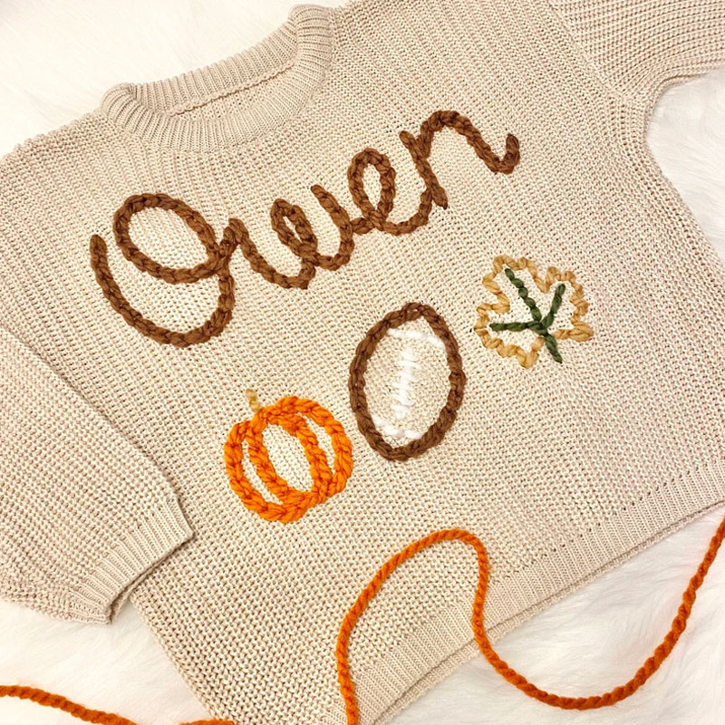 Hand Embroidered Fall Baby Name Sweater Candy Corn