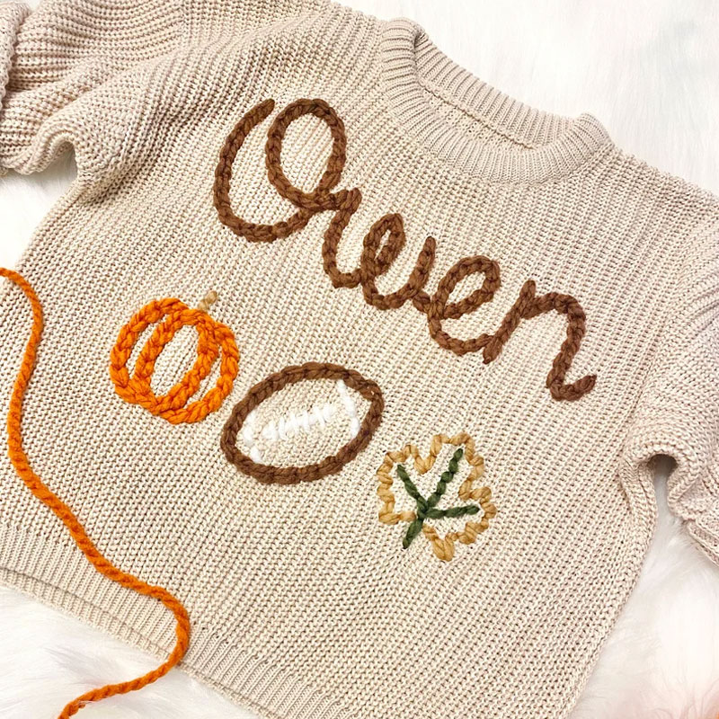 Hand Embroidered Fall Baby Name Sweater Candy Corn