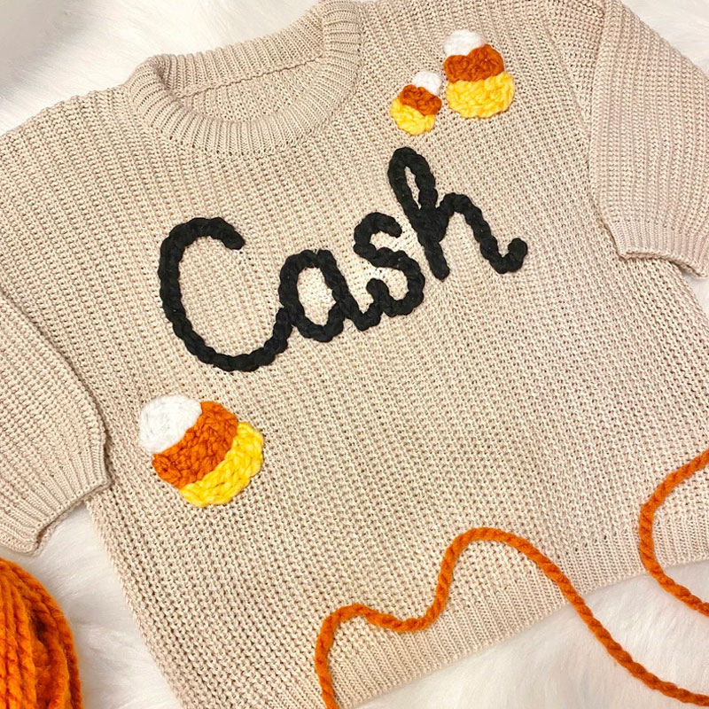 Hand Embroidered Fall Baby Name Sweater Candy Corn