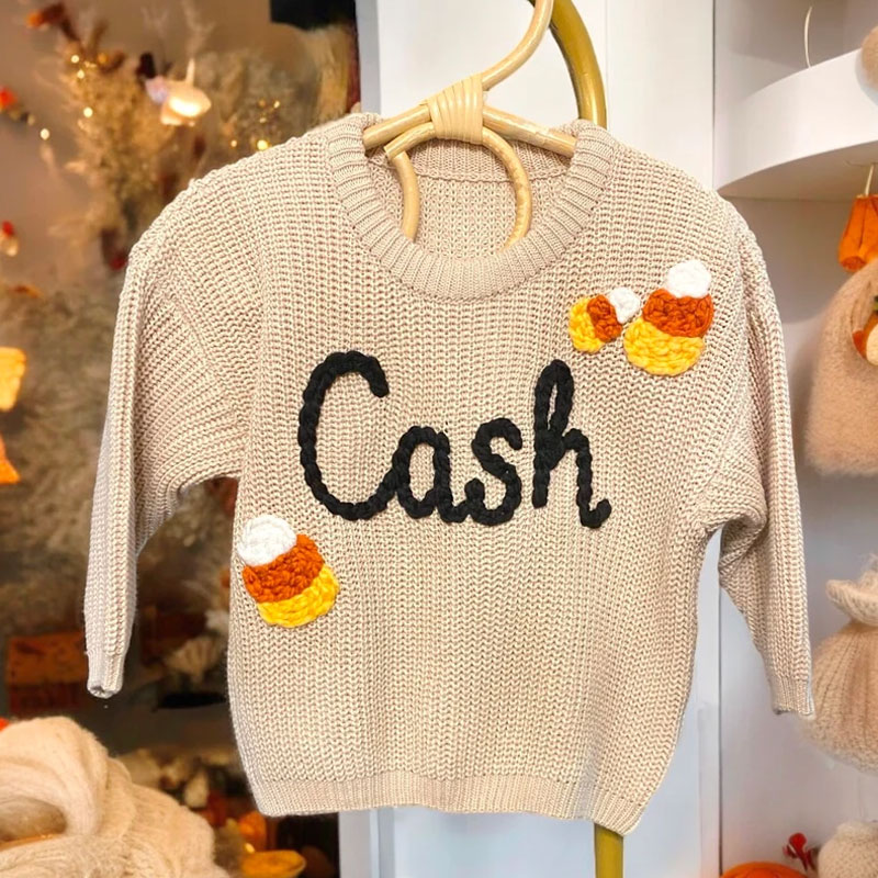 Hand Embroidered Fall Baby Name Sweater Candy Corn