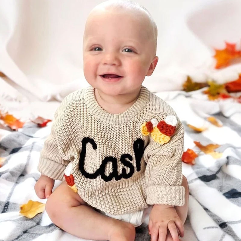 Hand Embroidered Fall Baby Name Sweater Candy Corn