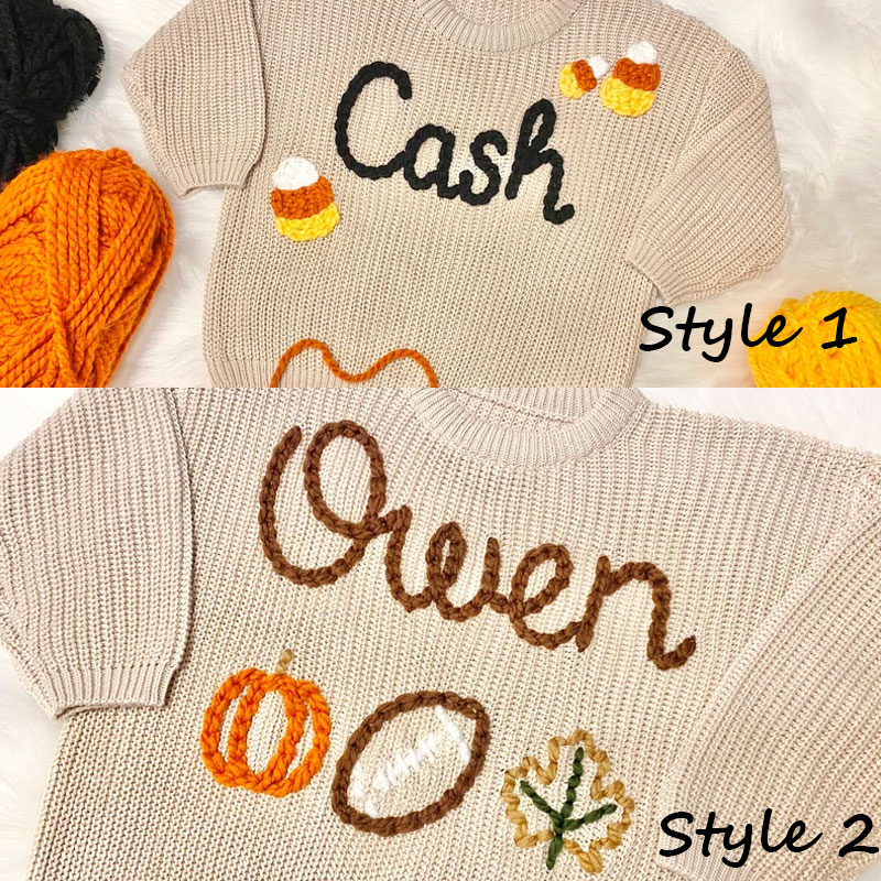 Hand Embroidered Fall Baby Name Sweater Candy Corn