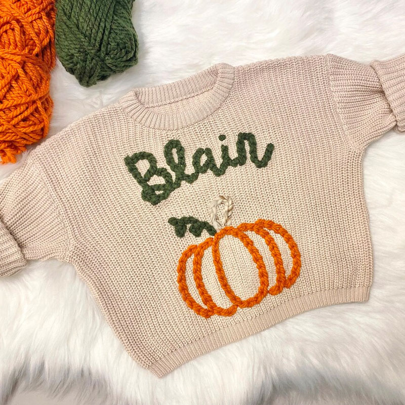 Hand Embroidered Fall Baby Name Sweater Thanksgiving Fall