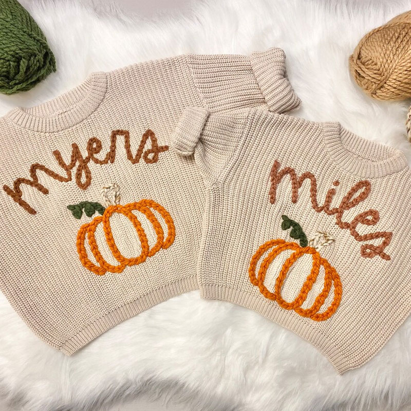 Hand Embroidered Fall Baby Name Sweater Thanksgiving Fall