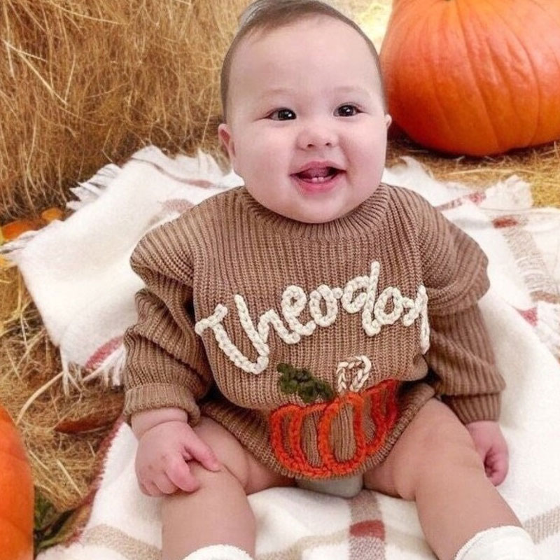 Hand Embroidered Fall Baby Name Sweater Thanksgiving Fall