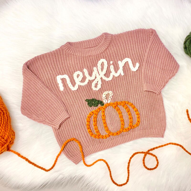 Hand Embroidered Fall Baby Name Sweater Thanksgiving Fall