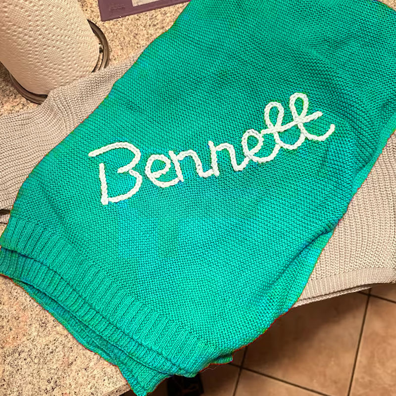 Hand Embroidered Knit Baby Blanket With Name