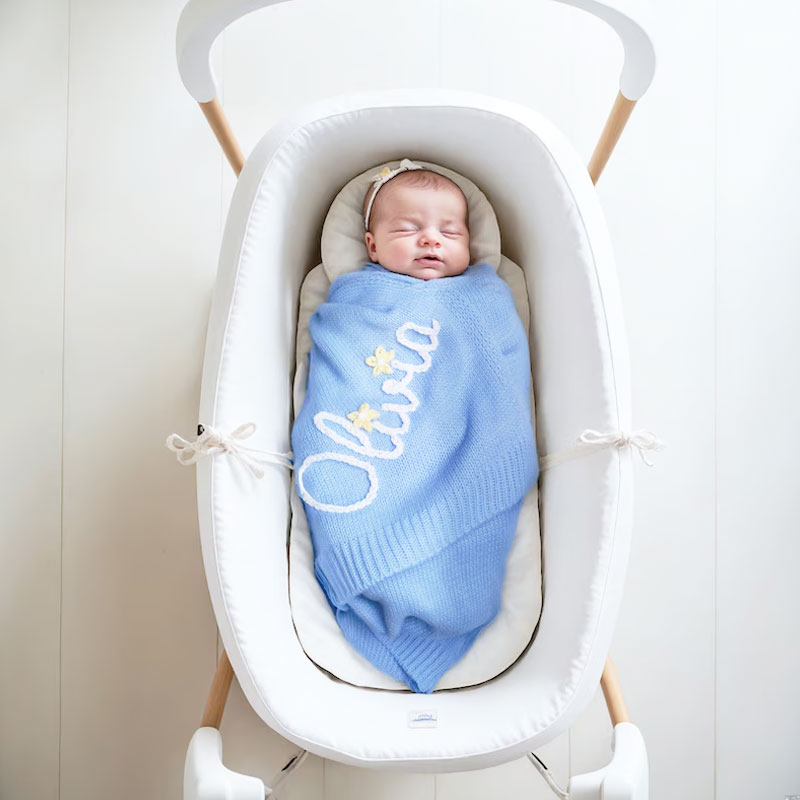 Hand Embroidered Knit Baby Blanket With Name