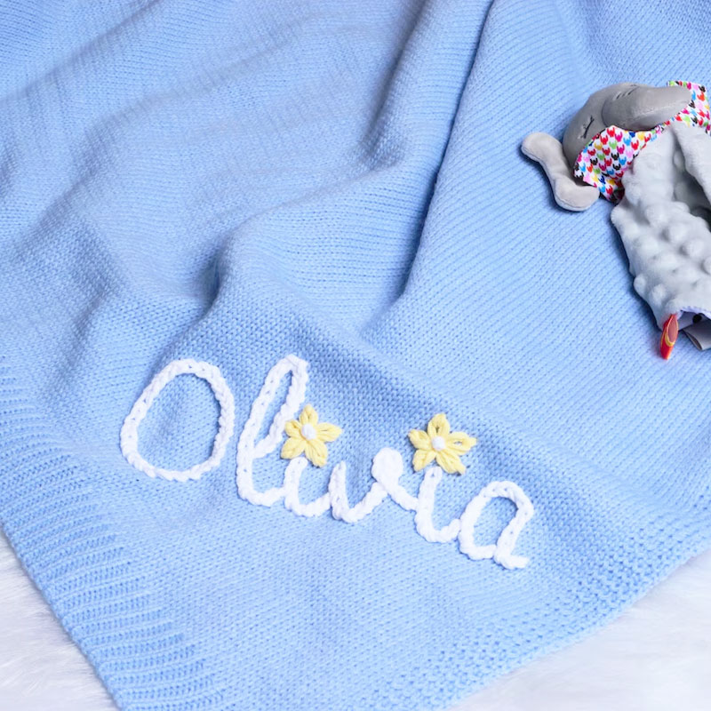 Hand Embroidered Knit Baby Blanket With Name