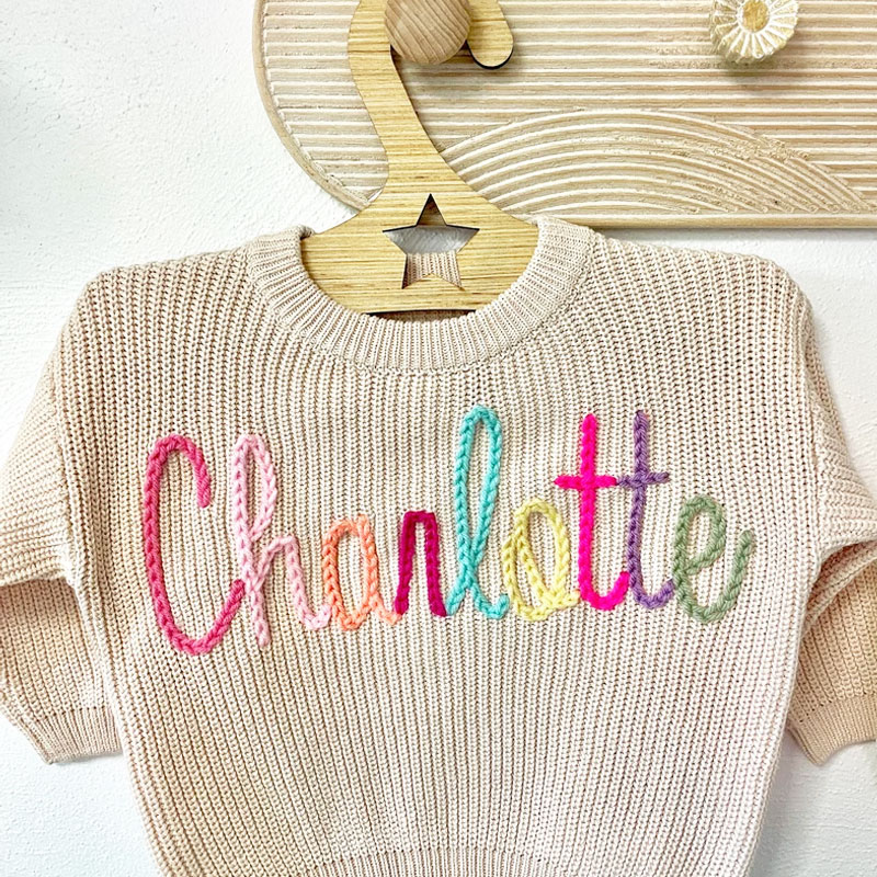 Hand Embroidered Rainbow And Name Baby Sweater