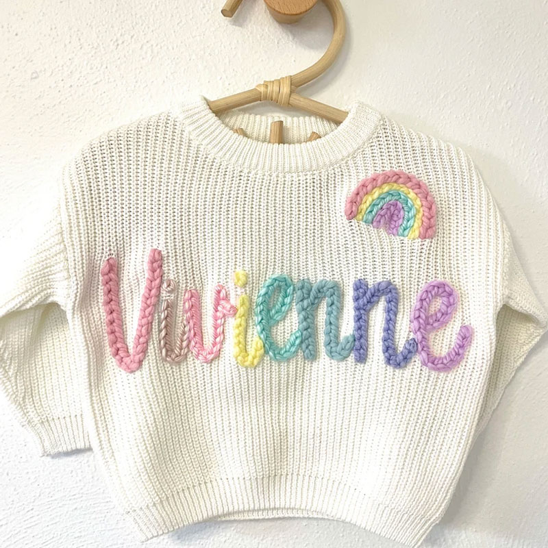 Hand Embroidered Rainbow And Name Baby Sweater