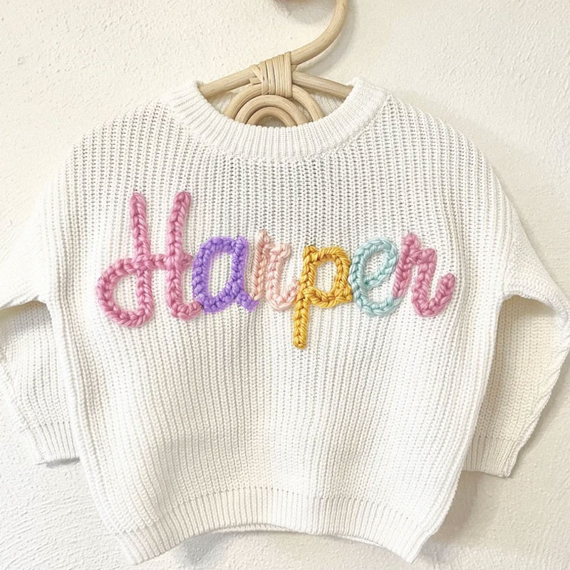 Hand Embroidered Rainbow And Name Baby Sweater
