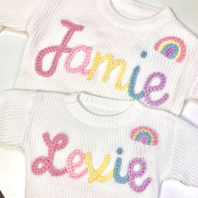 Hand Embroidered Rainbow And Name Baby Sweater