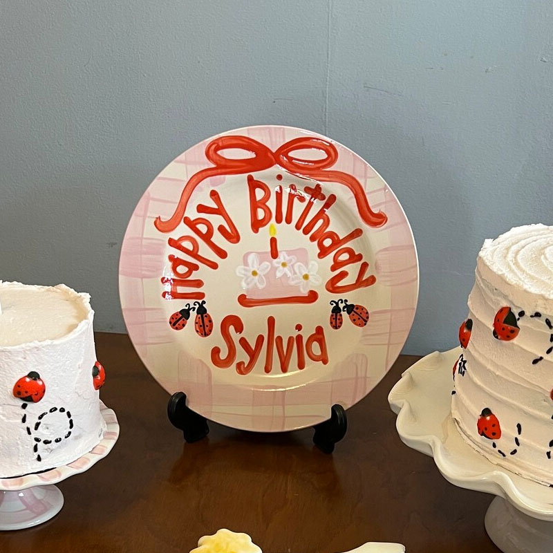 Ladybug Girls birthday plate pink gingham ribbon