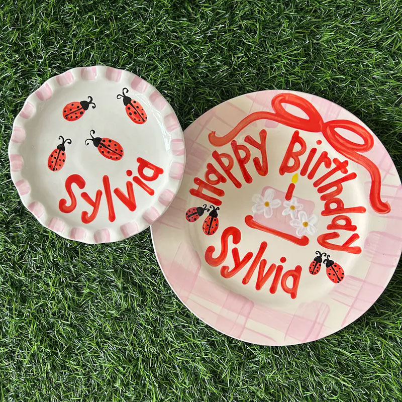 Ladybug Girls birthday plate pink gingham ribbon