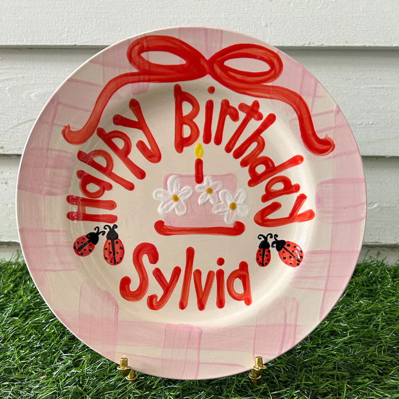 Ladybug Girls birthday plate pink gingham ribbon