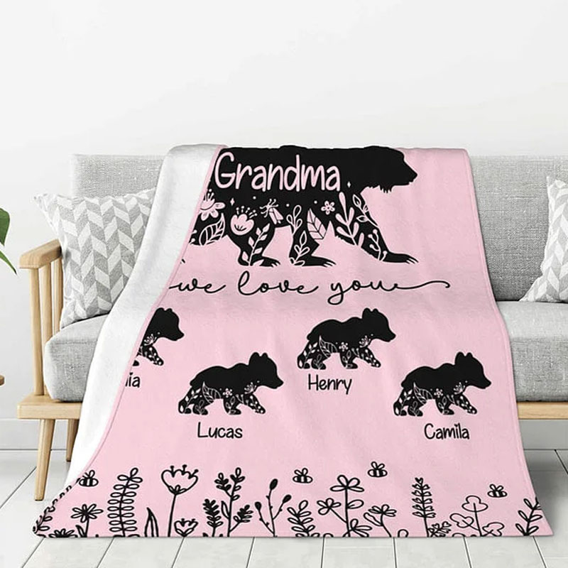 [Copy]Personalized Cute Pink Blue Floral bear mom Soft lanket with Multiple Names