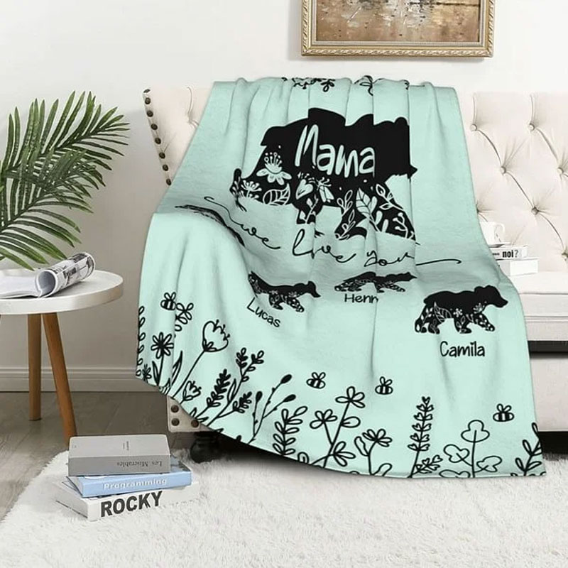 [Copy]Personalized Cute Pink Blue Floral bear mom Soft lanket with Multiple Names