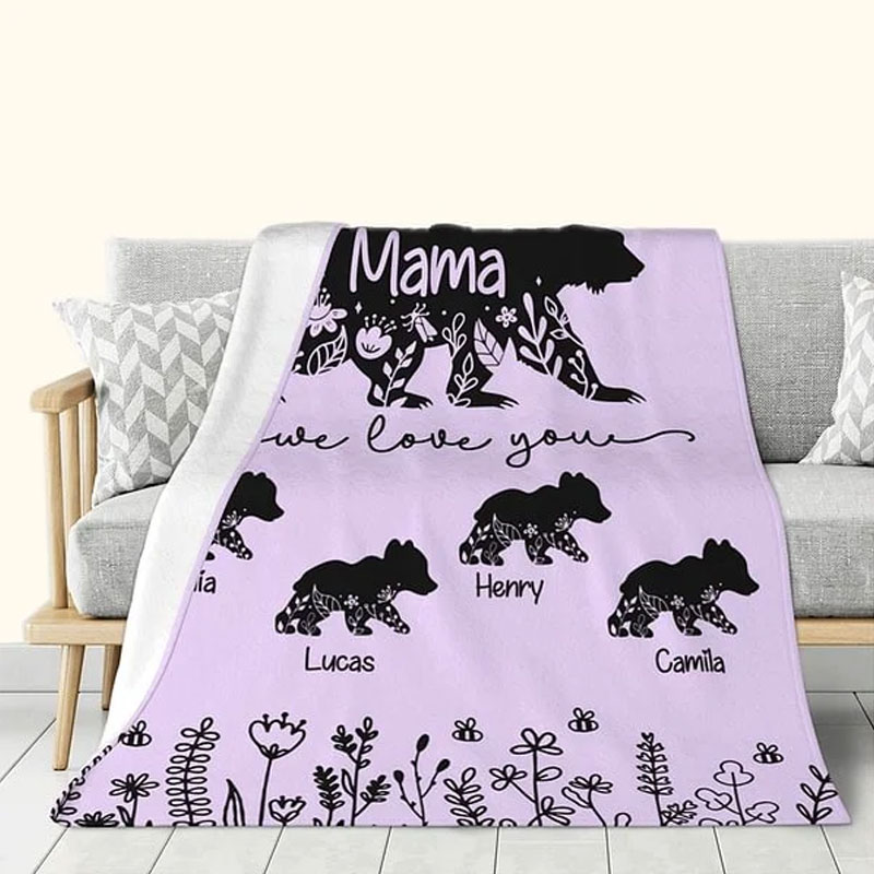 [Copy]Personalized Cute Pink Blue Floral bear mom Soft lanket with Multiple Names