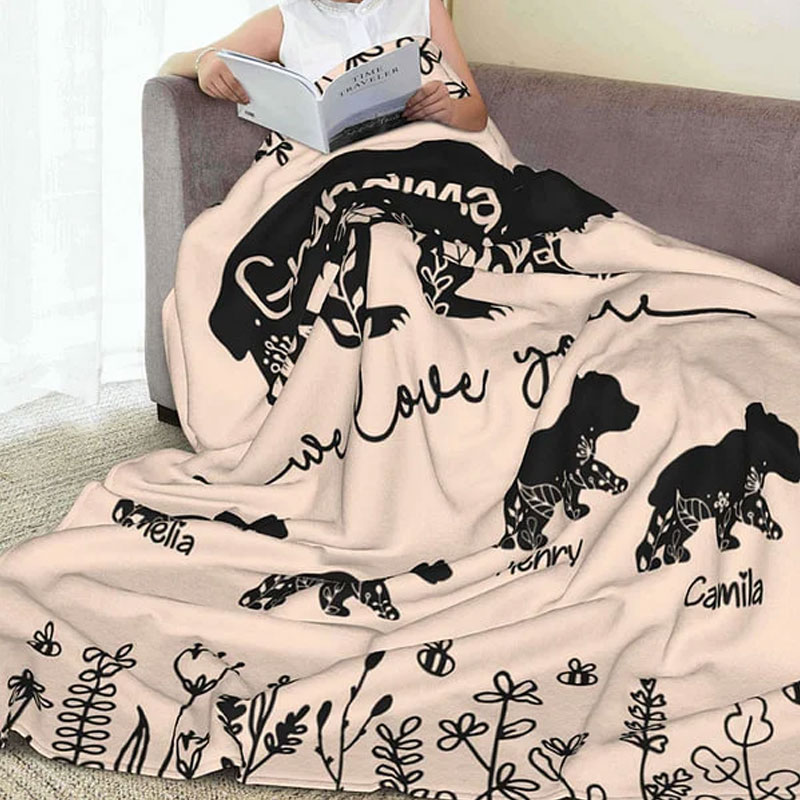 Personalized Floral Mama Bear Fleece Blanket with 1-10 Baby Bears