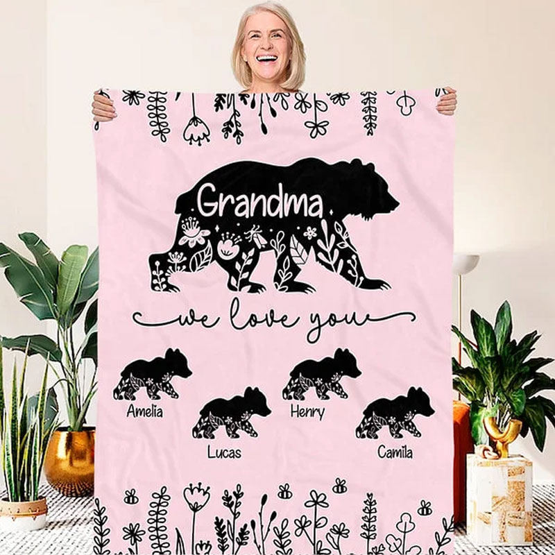 Personalized Floral Mama Bear Fleece Blanket with 1-10 Baby Bears