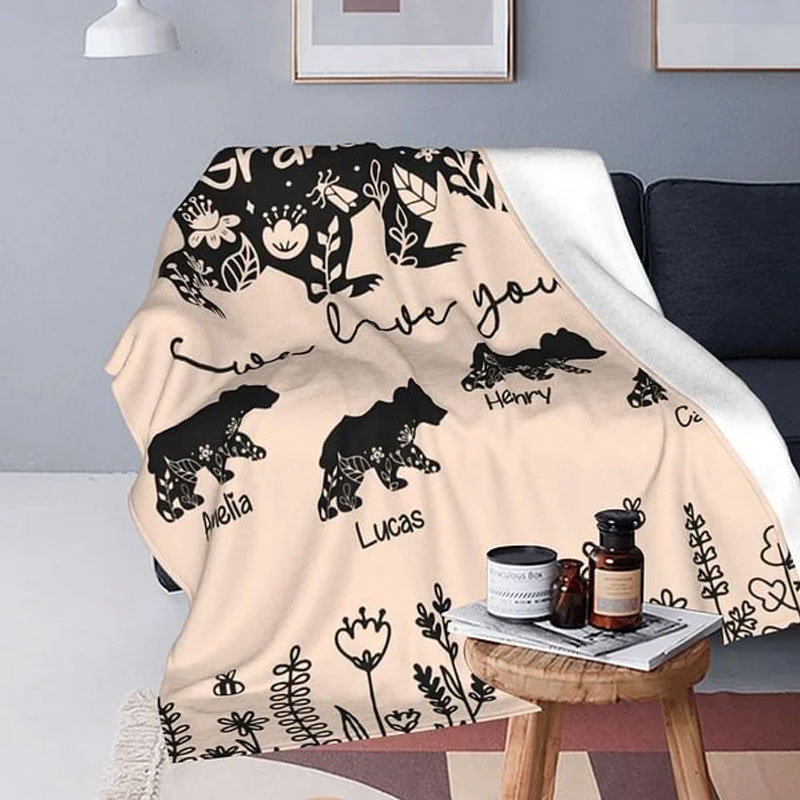 Personalized Floral Mama Bear Fleece Blanket with 1-10 Baby Bears