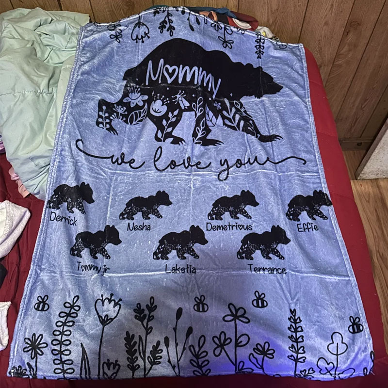 Personalized Floral Mama Bear Fleece Blanket with 1-10 Baby Bears