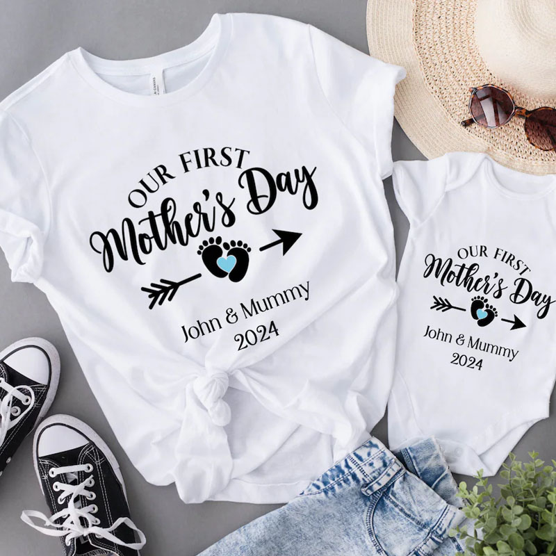 [Adult Tee]Our First Mothers Day Baby Footprint Shirt