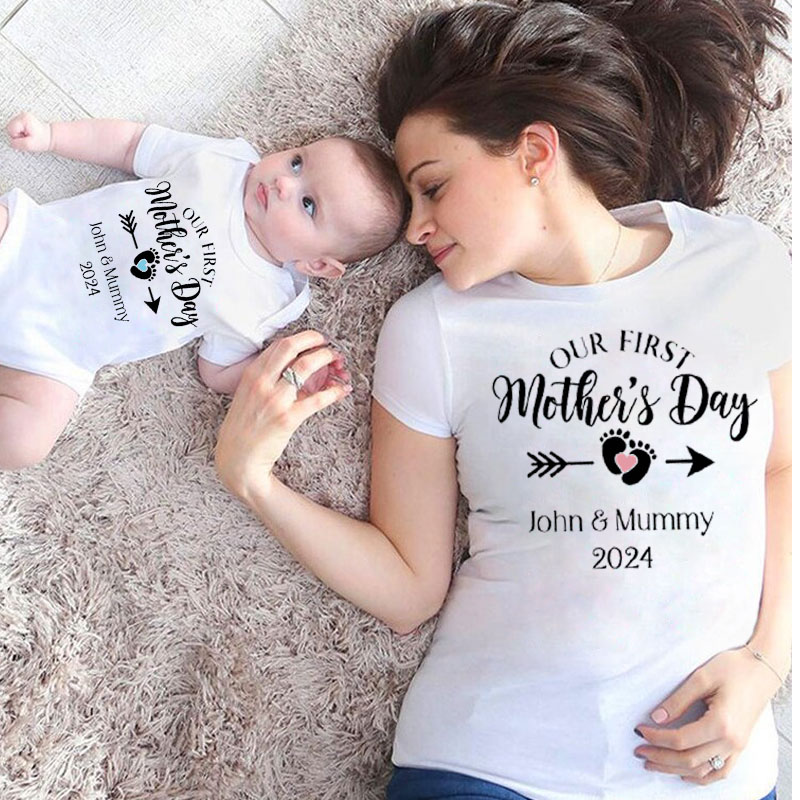 [Adult Tee]Our First Mothers Day Baby Footprint Shirt