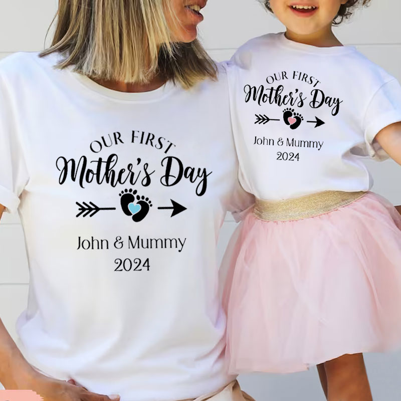 [Adult Tee]Our First Mothers Day Baby Footprint Shirt