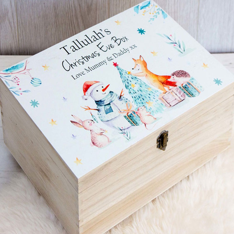 Personalised Christmas Eve Box Watercolour Forest Animals Design
