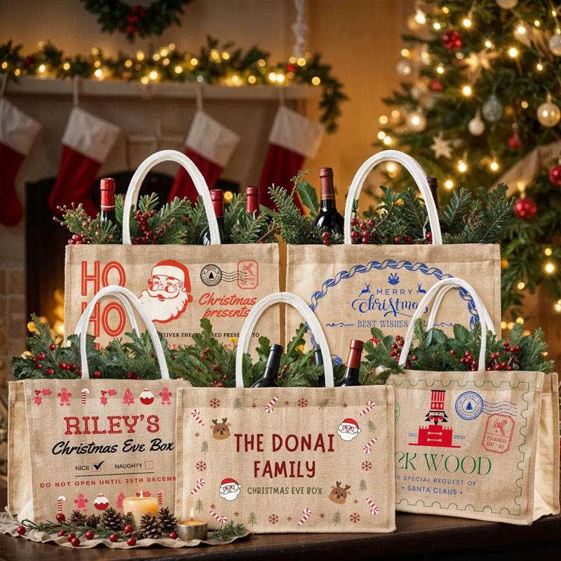 Personalised Merry Xmas Stamp Presents Burlap Tote Bag