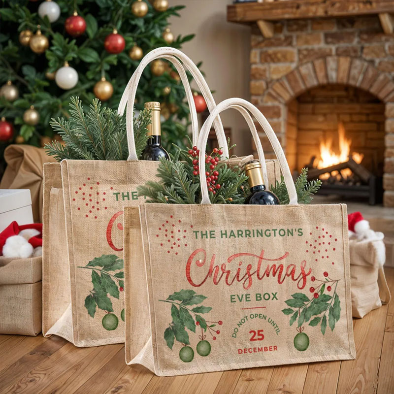Personalised Merry Xmas Stamp Presents Burlap Tote Bag