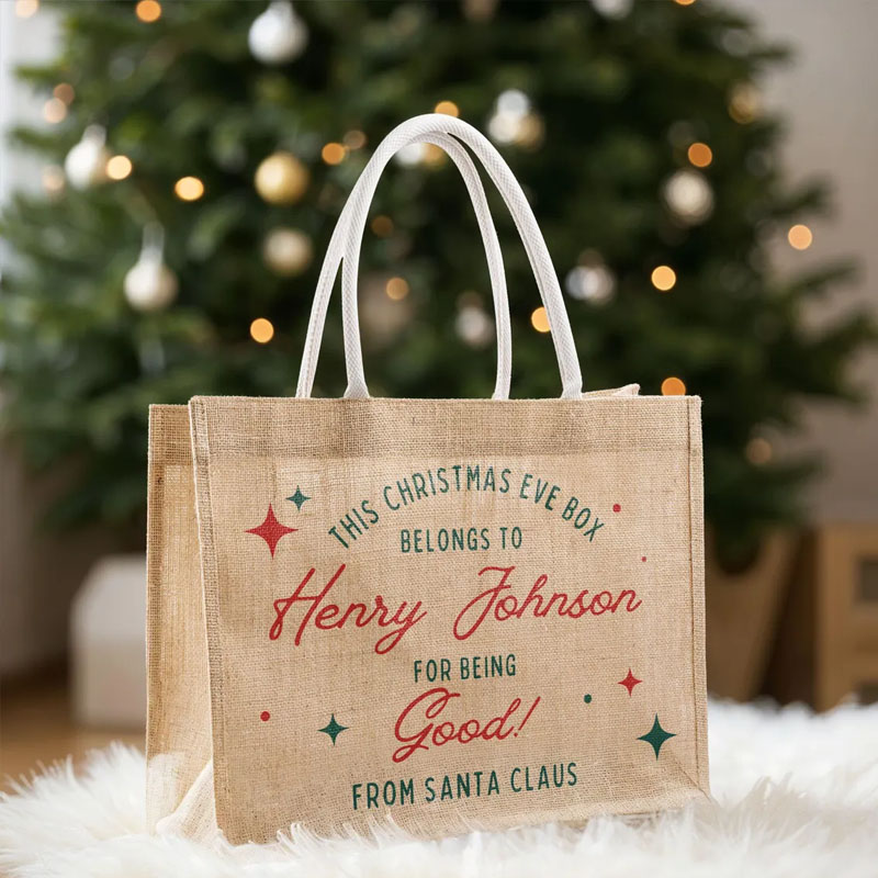 Personalised Merry Xmas Stamp Presents Burlap Tote Bag