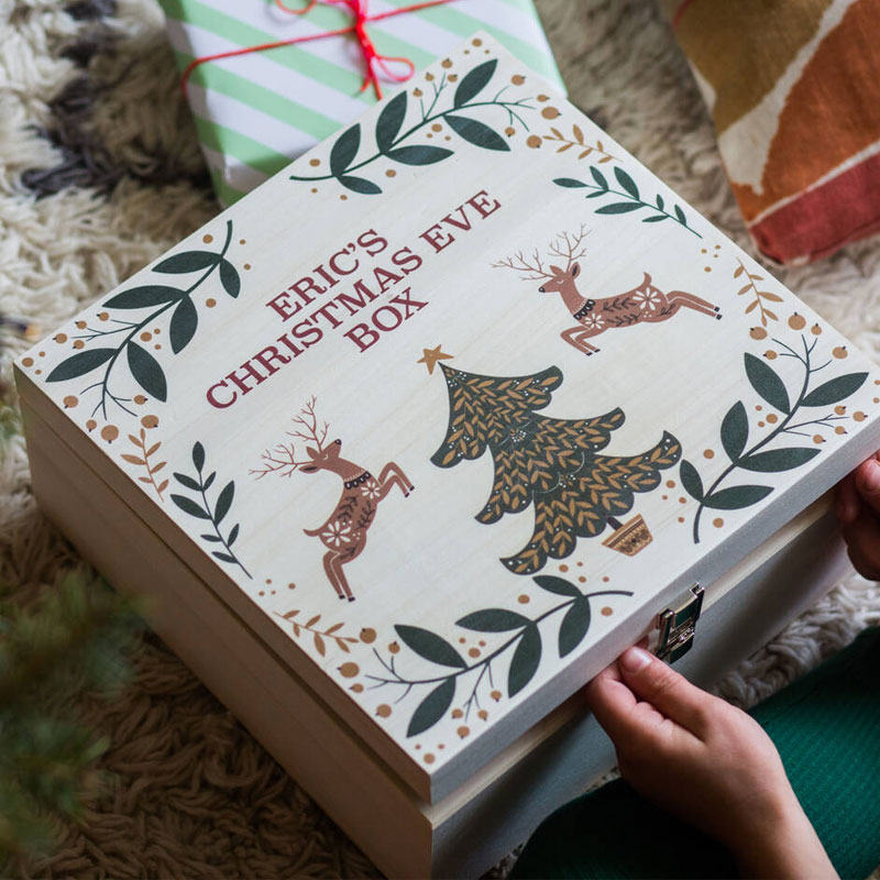 Personalised Reindeer And Tree Christmas Eve Wooden Box