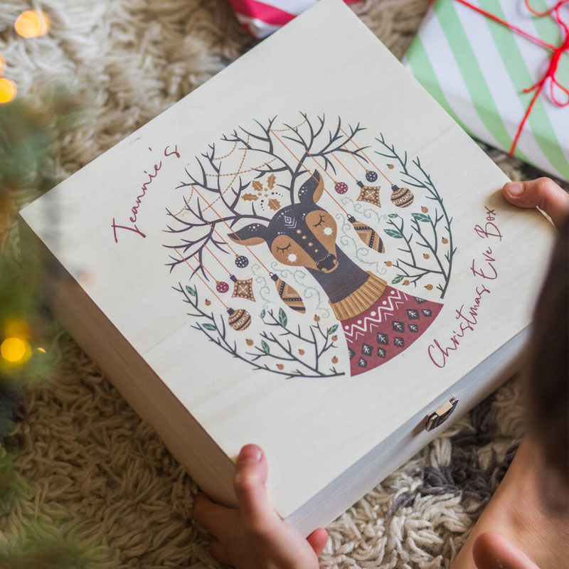 Personalised Reindeer And Tree Christmas Eve Wooden Box