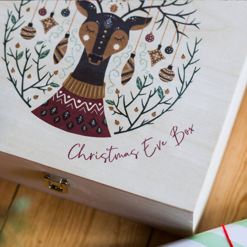 Personalised Reindeer And Tree Christmas Eve Wooden Box