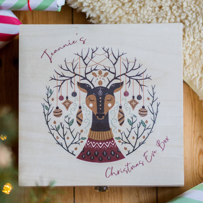 Personalised Reindeer And Tree Christmas Eve Wooden Box