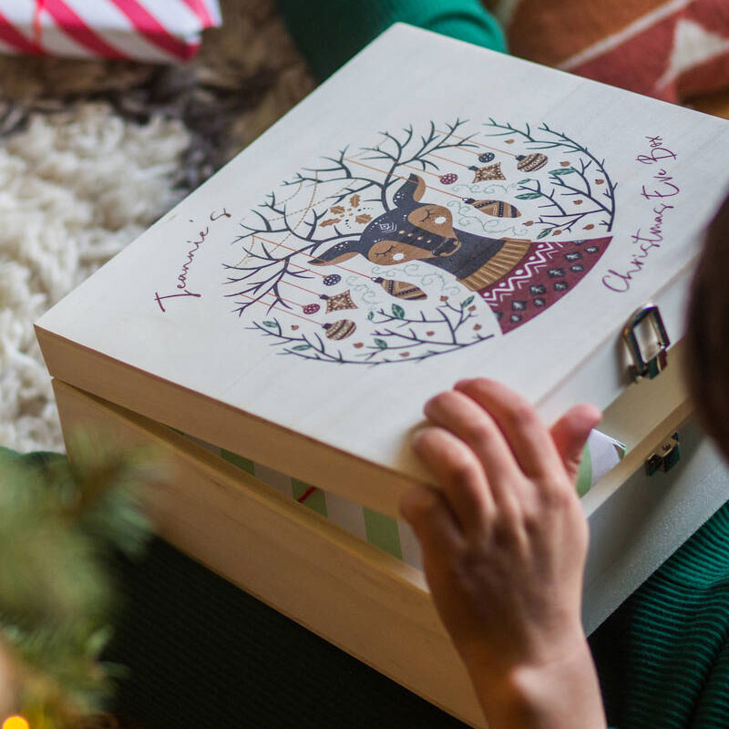 Personalised Reindeer And Tree Christmas Eve Wooden Box