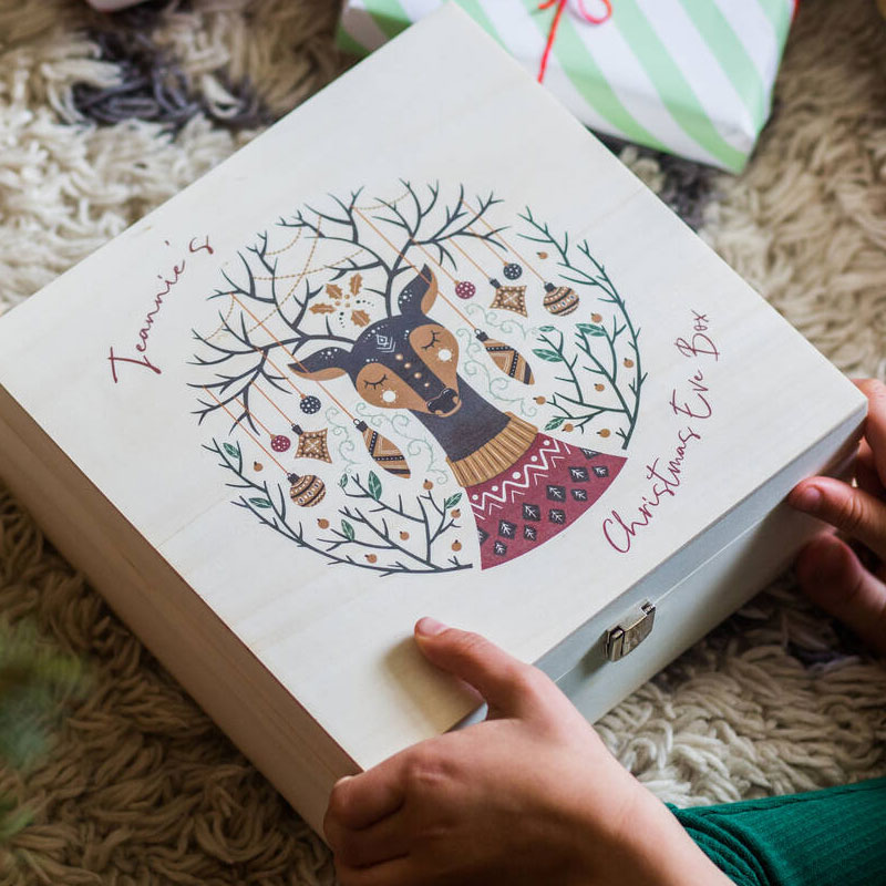 Personalised Reindeer And Tree Christmas Eve Wooden Box
