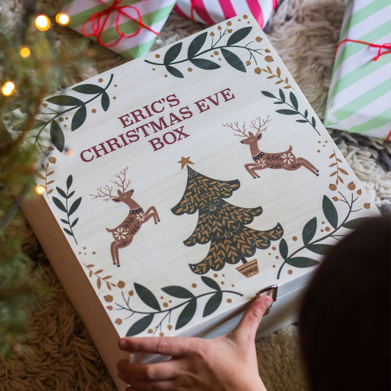 Personalised Reindeer And Tree Christmas Eve Wooden Box