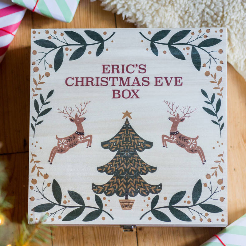 Personalised Reindeer And Tree Christmas Eve Wooden Box