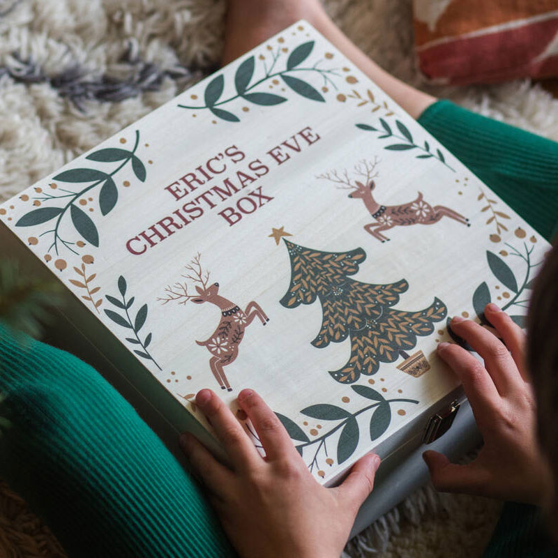 Personalised Reindeer And Tree Christmas Eve Wooden Box