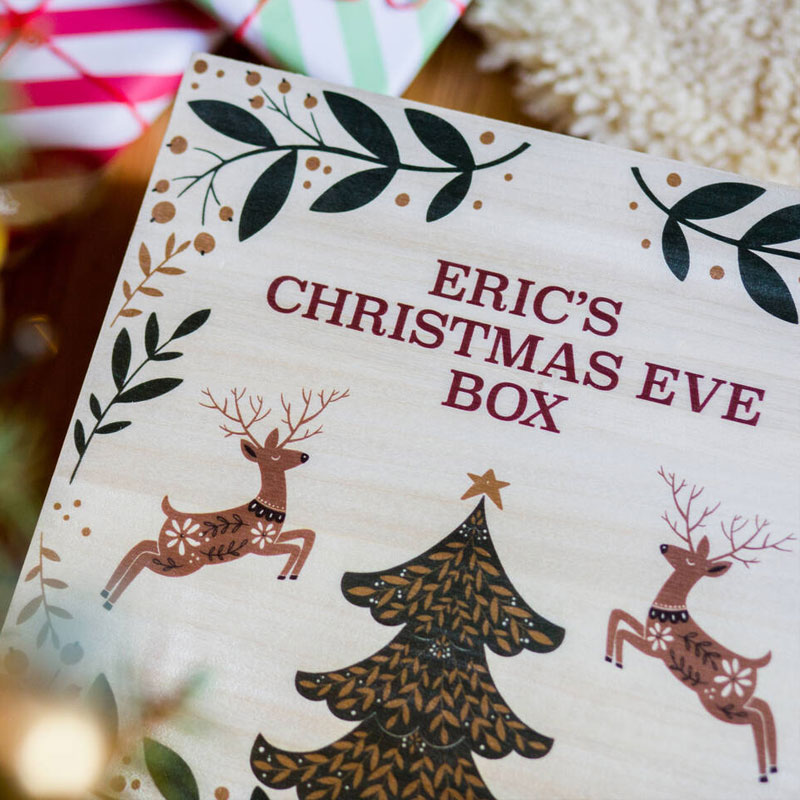 Personalised Reindeer And Tree Christmas Eve Wooden Box