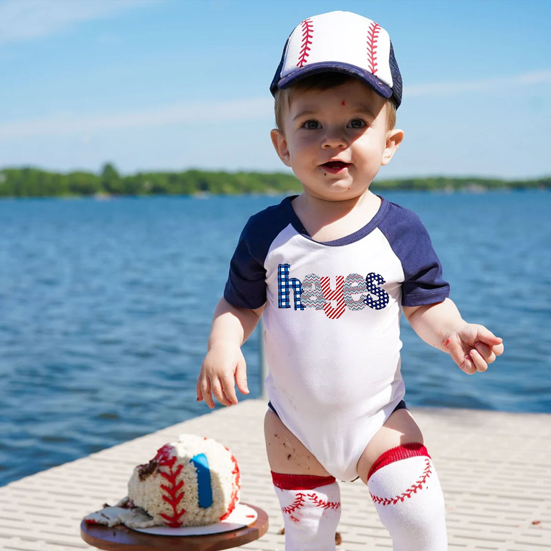 Personalized 3-18M Baby Baseball Outfit Set for July 4th