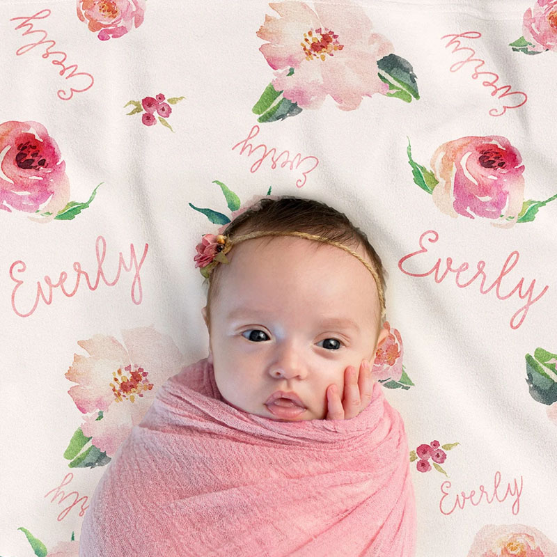 Personalized Baby Girl Floral Print Coral Blanket